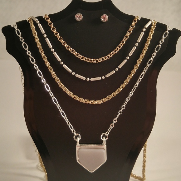 Necklace earring set silver gold 4-row grey stone - Picture 1 of 4